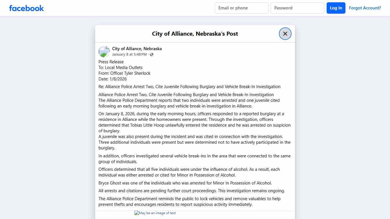 Press Release To: Local Media... - City of Alliance, Nebraska Facebook